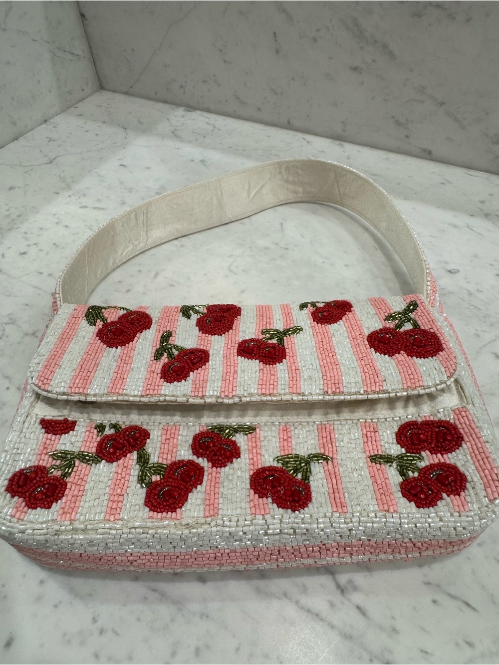 🍒Handcrafted in India Viral Beaded Cherry Shoulder Bag Cherries Pink Striped - Picture 2 of 13
